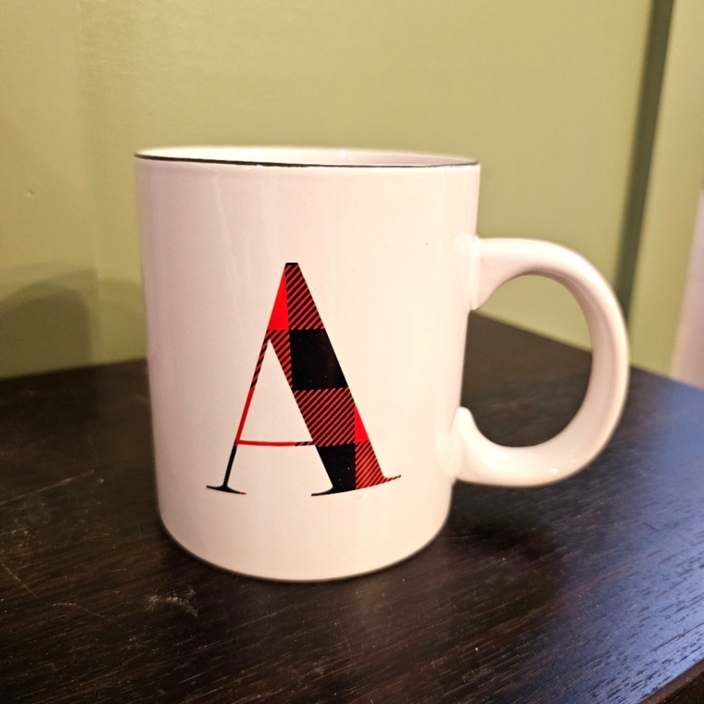 Holiday gift mug initial A red Buffalo Checkered 20oz